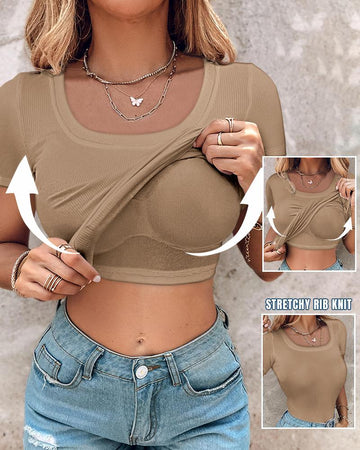 Built in Bra U neck Short Sleeve T shirt Rib knit Top